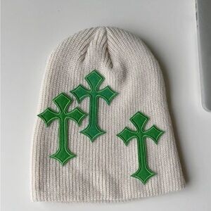 Cream White and Green Cross Beanie
